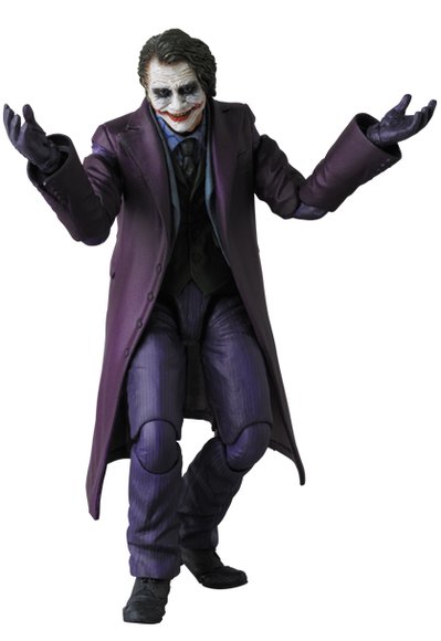 The Joker figure by Dc Comics, produced by Medicom Toy. Front view.
