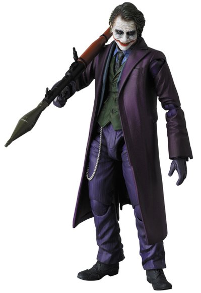 The Joker figure by Dc Comics, produced by Medicom Toy. Front view.