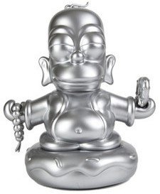 The Simpsons 25th Anniversary 7-INCH Silver Homer Buddha figure by Matt Groening, produced by Kidrobot. Front view.