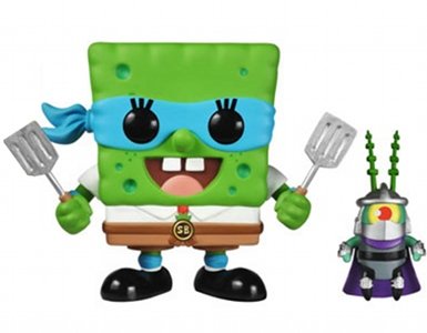 TMNT SpongeBob SquarePants and Shredder Plankton figure by Nickelodeon, produced by Funko. Front view.