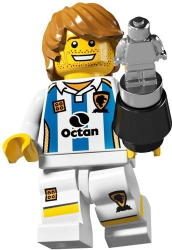 Footballer figure by Lego, produced by Lego. Front view.