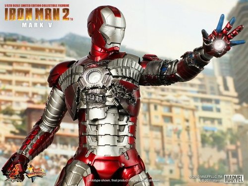 Iron Man 2 Mark V figure, produced by Hot Toys. Front view.