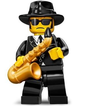 Saxophone Player figure by Lego, produced by Lego. Front view.