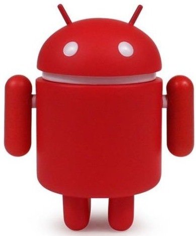 Red Android figure by Google Inc, produced by Dyzplastic. Front view.
