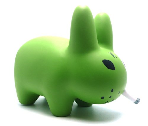 Smorkin’ Labbit - Green figure by Frank Kozik, produced by Kidrobot. Front view.