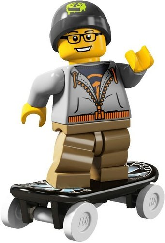 Skateboarder figure by Lego, produced by Lego. Front view.