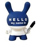 Hello My Name Is (HMNI) Blue figure by Huck Gee, produced by Kidrobot. Front view.