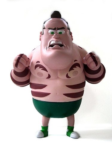 Buzz Carney the Tattooed Strongman figure by Jared Deal, produced by Carnival Cartoons. Front view.