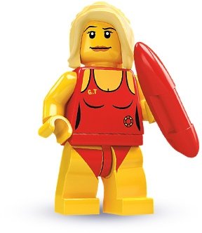 Life Guard figure by Lego, produced by Lego. Front view.