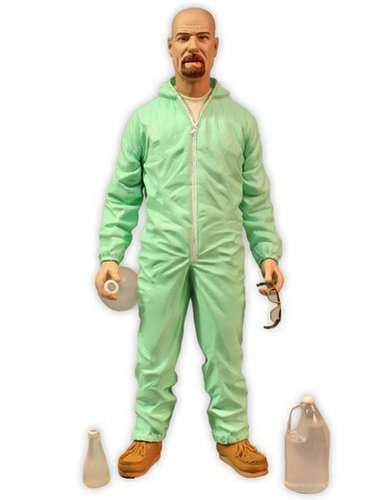 Deluxe Breaking Bad Walter White In Green Hazmat Suit figure, produced by Mezco Toyz. Front view.