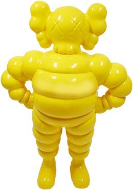 Chum - Yellow figure by Kaws, produced by 360 Toy Group . Front view.