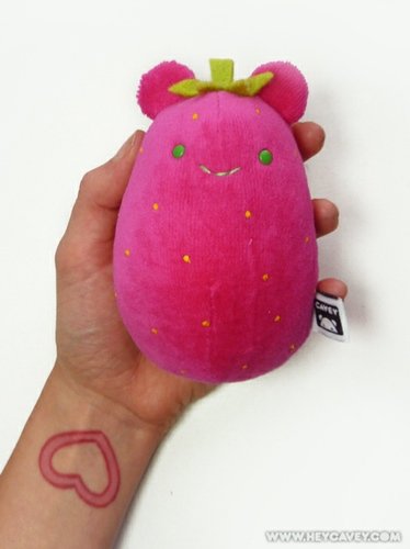Pink Strawberry Cavey figure by A Little Stranger. Front view.
