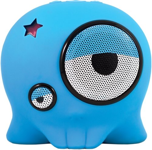 Boombot1 SkullyBoom - Laz-E Blue figure, produced by Boombotix. Front view.
