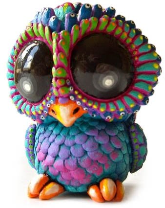 Baby Owl - Peacock figure by Kathleen Voigt. Front view.
