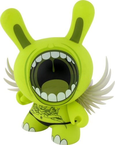 Big Mouth - Green figure by Deph, produced by Kidrobot. Front view.