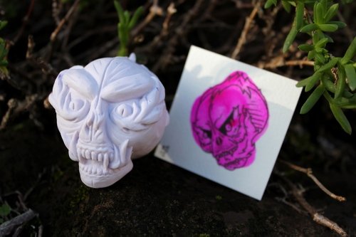 Skull Tattoos - Flaming Skull - Purple figure by Double Haunt. Front view.