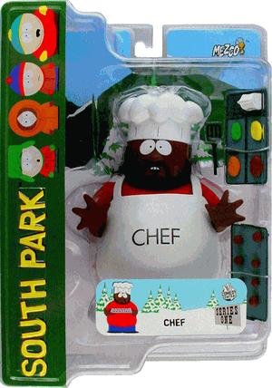 Chef figure by Matt Stone & Trey Parker, produced by Mezco Toyz. Front view.