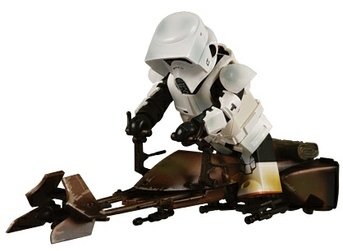 Scout Trooper w/ Imperial Speeder Bike figure by Lucasfilm Ltd., produced by Medicom Toy. Front view.
