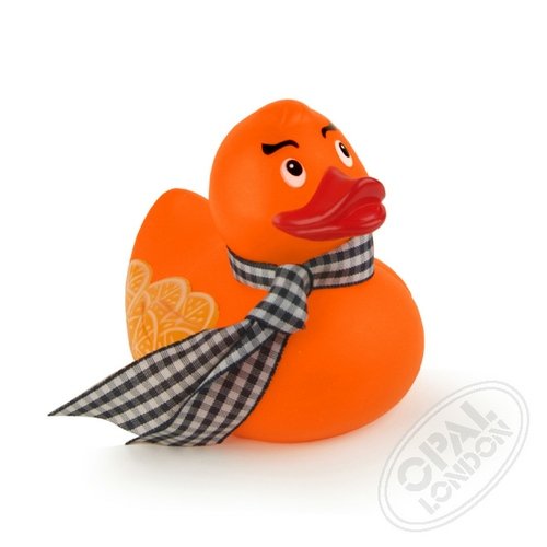 Quackers - Duck a LOrange figure, produced by Opal London. Front view.