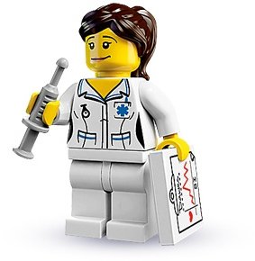 Nurse figure by Lego, produced by Lego. Front view.