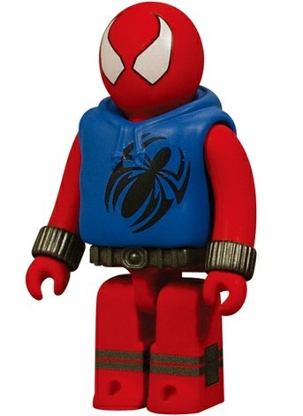 Scarlet Spiderman Kubrick 100% figure by Marvel, produced by Medicom Toy. Front view.