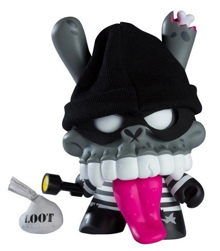 Zombie Robber Dunny figure by Jeremy Madl (Mad), produced by Kidrobot. Front view.