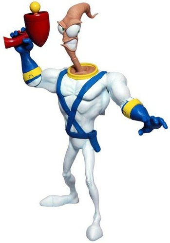 Earthworm Jim figure, produced by Mezco Toyz. Front view.