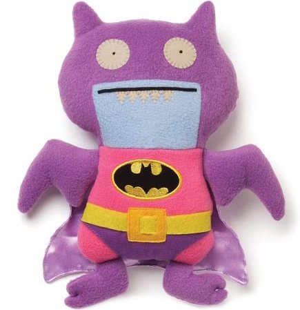 Ice-Bat as Batman in a pink and purple costume figure by David Horvath X Sun-Min Kim, produced by Pretty Ugly Llc.. Front view.