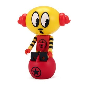 Yellow Red Egghead figure by Sket One, produced by Kidrobot. Front view.