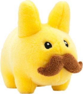 Stache Labbit 7 - Yellow figure by Frank Kozik, produced by Kidrobot. Front view.