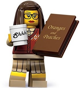 Librarian figure by Lego, produced by Lego. Front view.