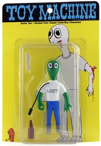 Turtle Boy figure by Ed Templeton, produced by Toy Machine. Front view.