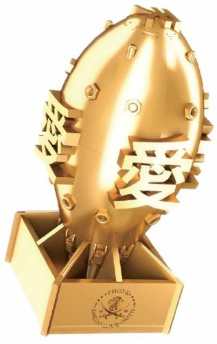 Golden Love Bomb figure by Phunk Studios, produced by Mighty Jaxx. Front view.