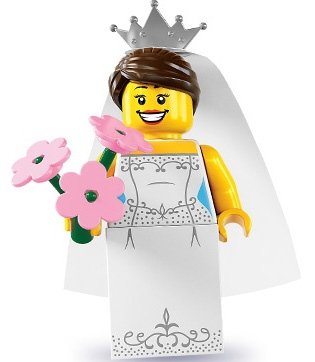 Bride figure by Lego, produced by Lego. Front view.