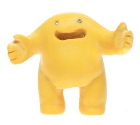 Hug - Yellow figure by Spencer Hansen, produced by Blamo Toys. Front view.