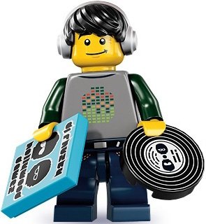DJ figure by Lego, produced by Lego. Front view.