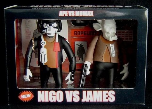 Nigo vs James figure by Futura, produced by Bape Play. Front view.