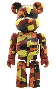 Bape Play Be@rbrick S2 - Multicolor Yellow Camo figure by Bape, produced by Medicom Toy. Front view.