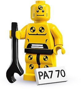 Demolition Dummy figure by Lego, produced by Lego. Front view.