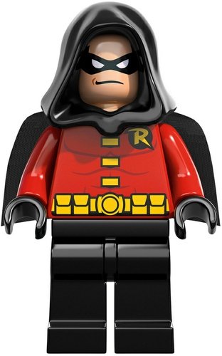 Hooded Robin figure by Dc Comics, produced by Lego. Front view.