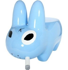 Smorkin Labbit Stool in Blue figure by Frank Kozik, produced by Kidrobot. Front view.