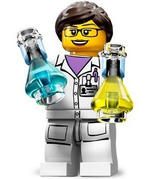 Scientist figure by Lego, produced by Lego. Front view.