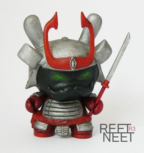 3 Dunny - The Red Samurai by Reet Neet (R3) figure by Reet Neet (R3), produced by Kidrobot. Front view.