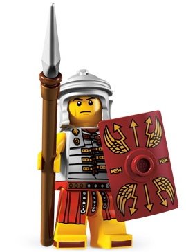 Roman Soldier figure by Lego, produced by Lego. Front view.