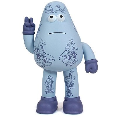 Illustrated Yod figure by James Jarvis, produced by Amos Toys. Front view.
