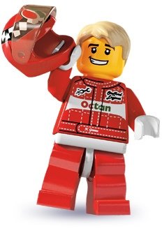 Race Car Driver figure by Lego, produced by Lego. Front view.