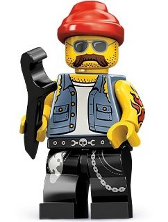 Motorcycle Mechanic figure by Lego, produced by Lego. Front view.