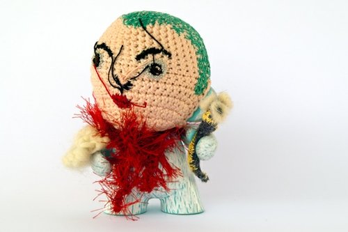 Green-haired crochet Munny  figure by Neta Amir, produced by Kidrobot. Front view.