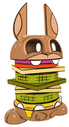 Veggie Burger Bunny – Kidrobot Exclusive figure by Joe Ledbetter, produced by The Loyal Subjects. Front view.