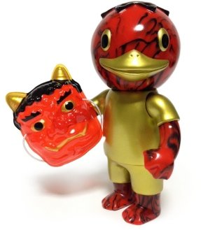 Oni Kappa (鬼かっぱ) - Red & Black Marbled Vinyl figure by Koji Harmon (Cometdebris), produced by Cometdebris. Front view.